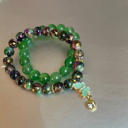 2 pcs 10mm Green and Purple Opal Bracelet Set